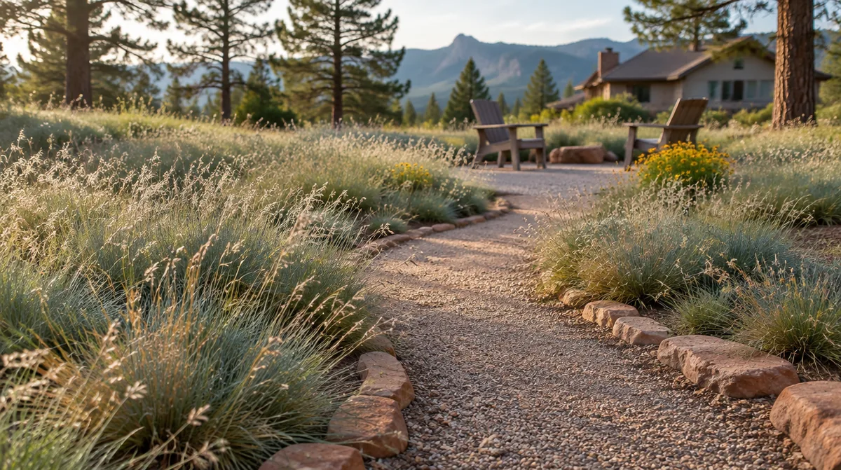 Concept rendering of a gravel path with stone edging and a sitting area beside native-style grasses in a Colorado landscape