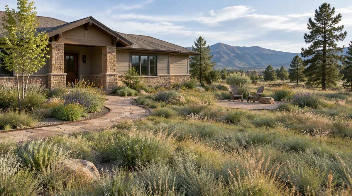 Concept rendering of a Colorado home with native-style grasses, planting beds and a stone walkway